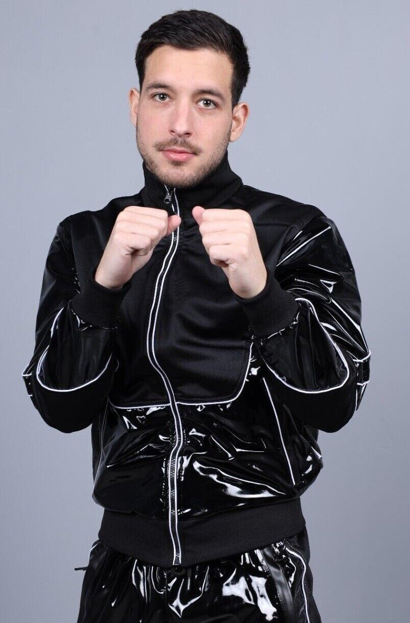 MR. RIEGILLIO PVC Tracksuit Jacket 24 Shiny Black With White Piping R1043