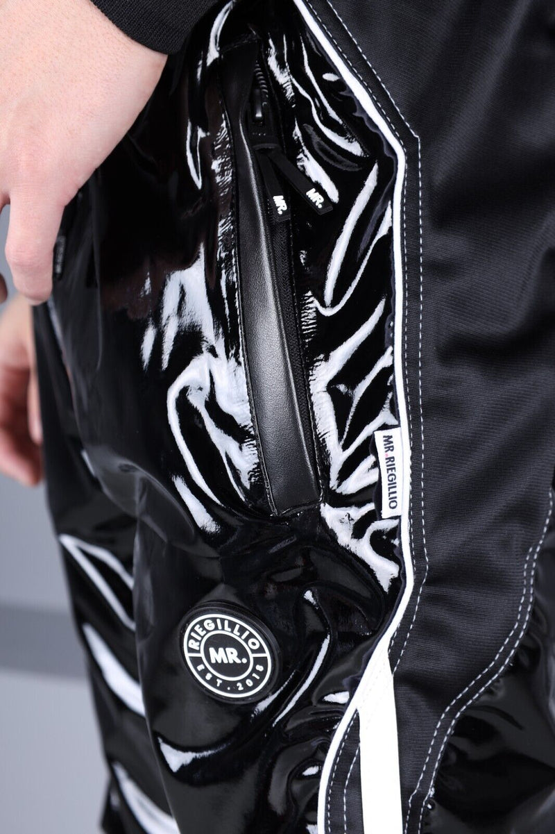 MR. RIEGILLIO PVC Tracksuit Pants 24 Shiny Black With White Piping R1044