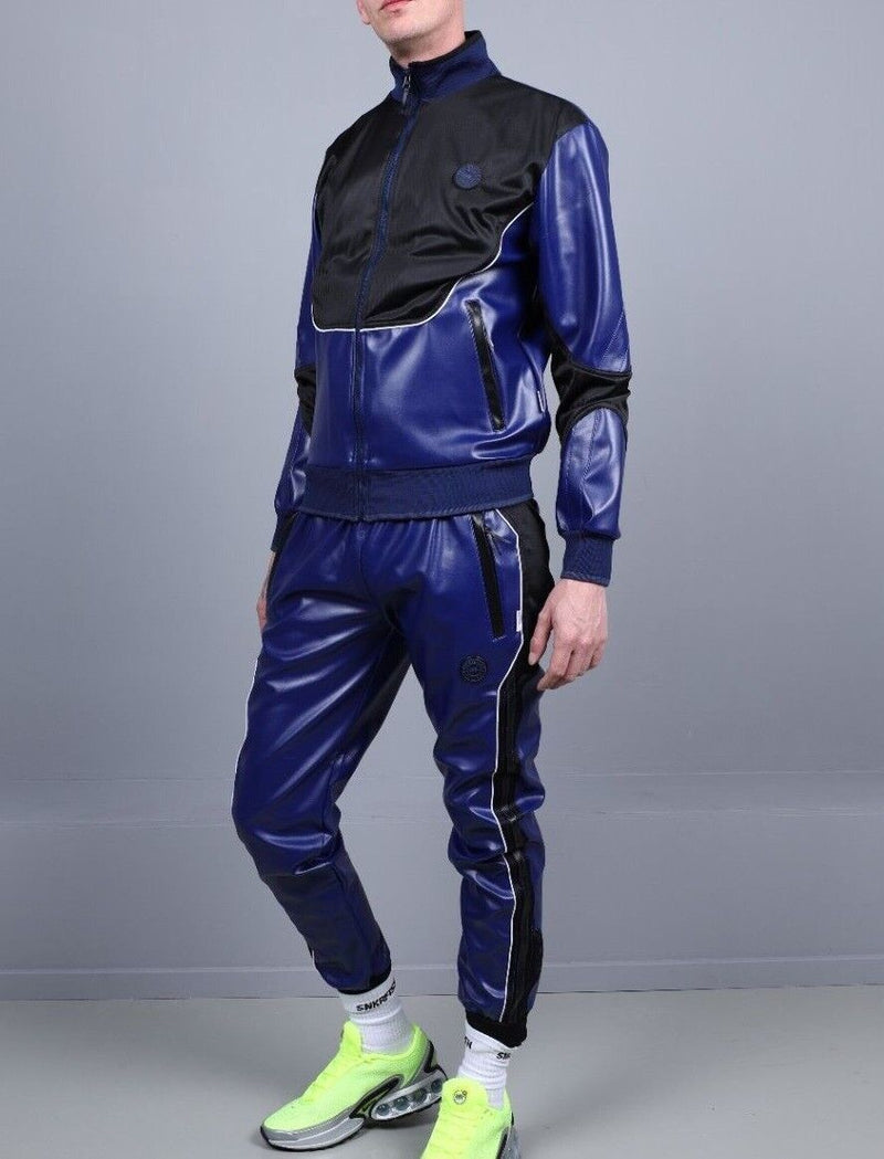 MR. RIEGILLIO Veste en cuir vegan Survêtement Col Crew 24 en bleu R1039