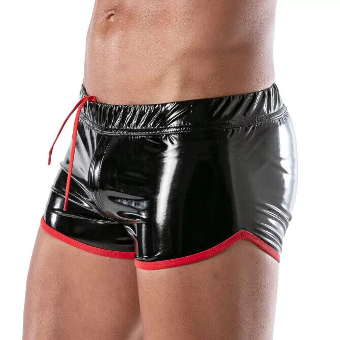 TOF PARIS Short Stretch Vinyl Mini-Shorts Low Rise Black/Red 21