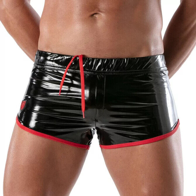 TOF PARIS Short Stretch Vinyl Mini-Shorts Low Rise Black/Red 21