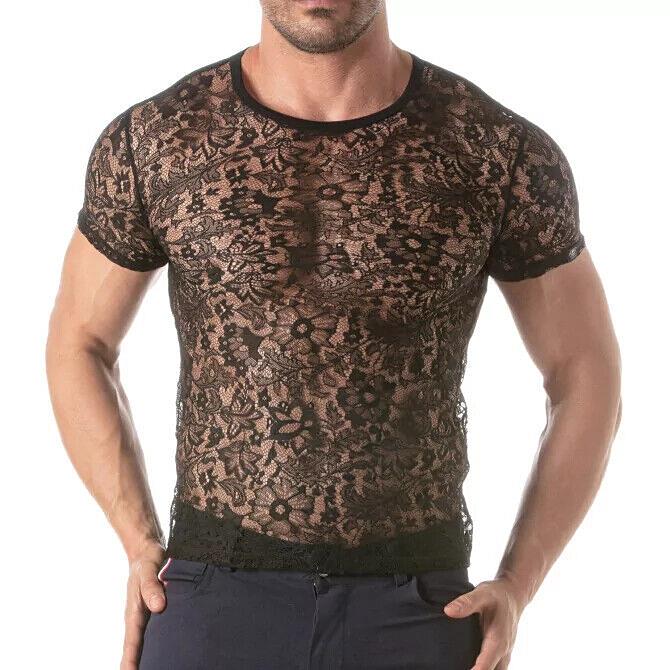 TOF PARIS Floral Lace T-Shirt Round Neck Semi-Sheer Black 14
