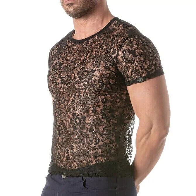 TOF PARIS Floral Lace T-Shirt Round Neck Semi-Sheer Black 35