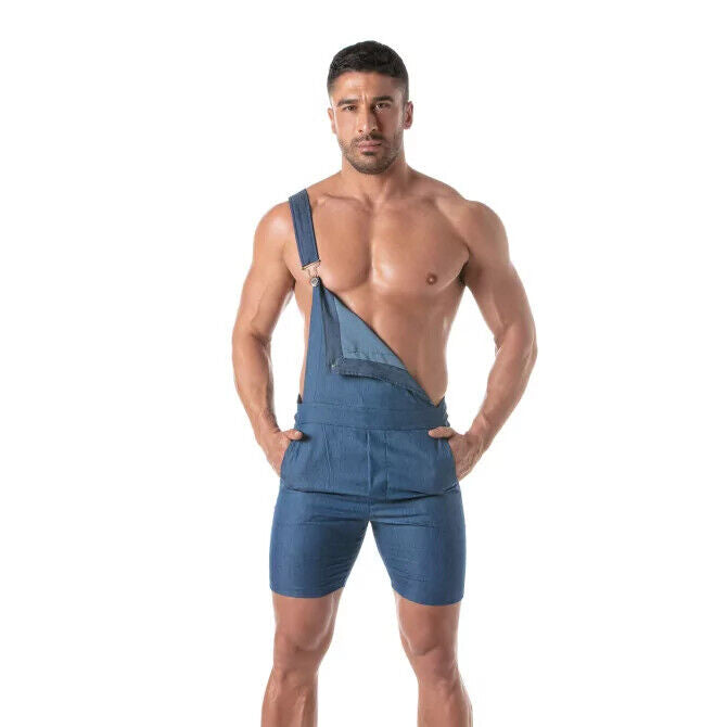 TOF PARIS Singlet Short Lightweight Denim Overalls Shorts Adjustable Straps Blue