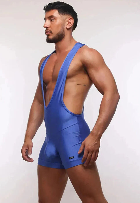 SUKREW V-Neck Singlet Bum Accentuating Bodysuit Low Cut Side Sapphire 38