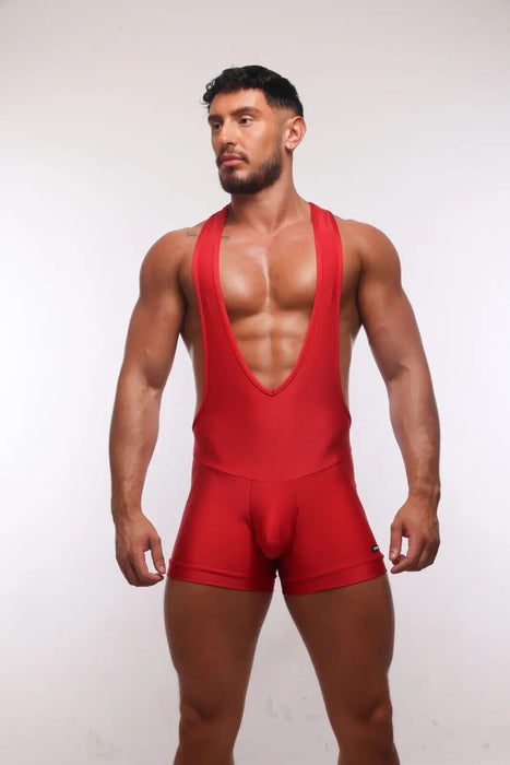 SUKREW V-Neck Singlet Bum Accentuating Bodysuit Low-Cut Side in Liberty Red 38