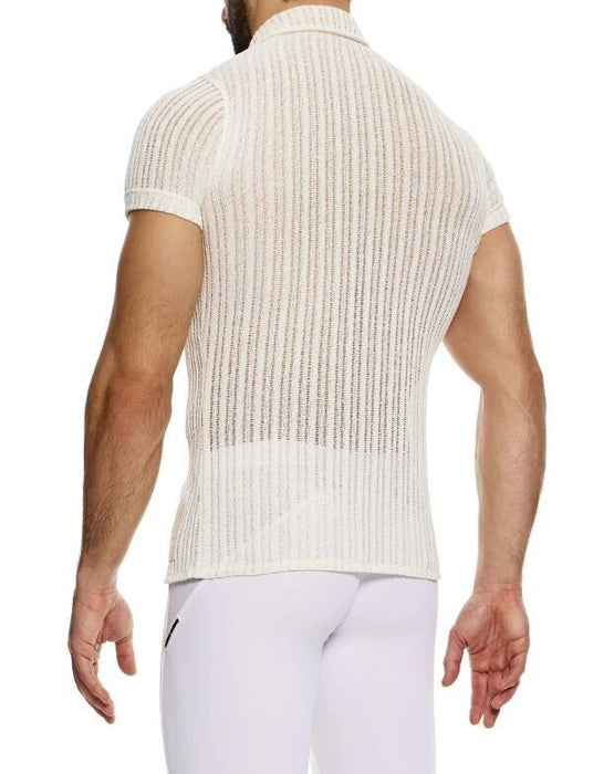 MODUS VIVENDI Muscle Fit Striped Crochet Shirt Knitted Chemise Natural 07441