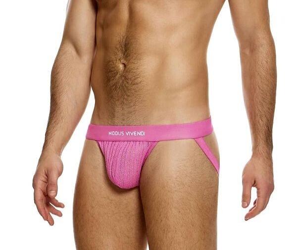 MODUS VIVENDI Stretch Jock Striped Crochet Knitted Jockstrap in Pink 07412