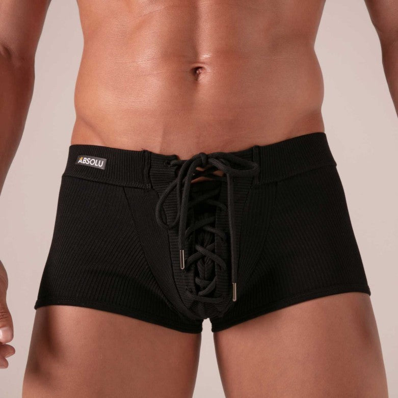 Absolu Male By TOF Adjustable Laced Boxer Trunks Soft Ribbed Knit Cotton Black 3