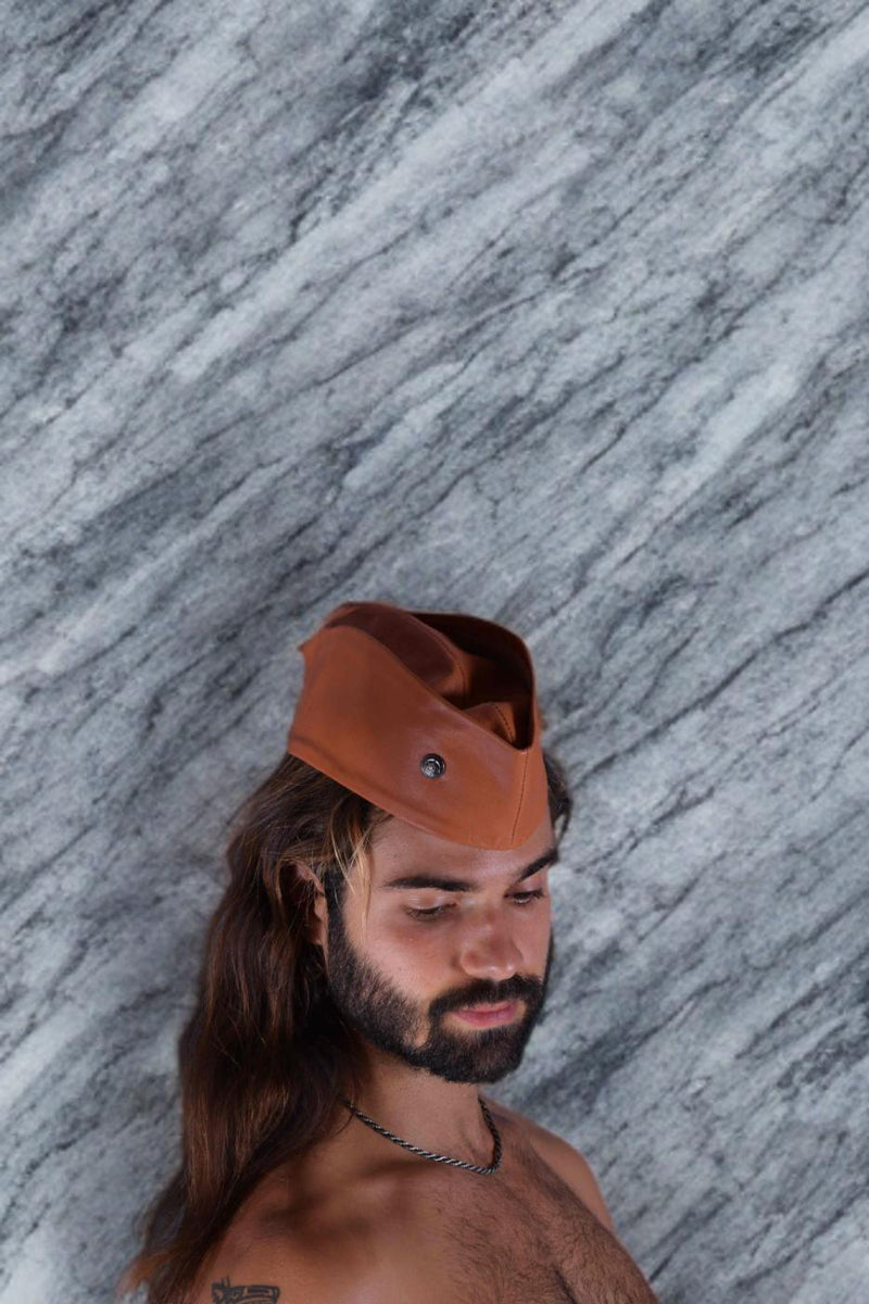 SMU Handmade Quality Leather Skin Garrison Hat Kepi in Tan Brown SMU1