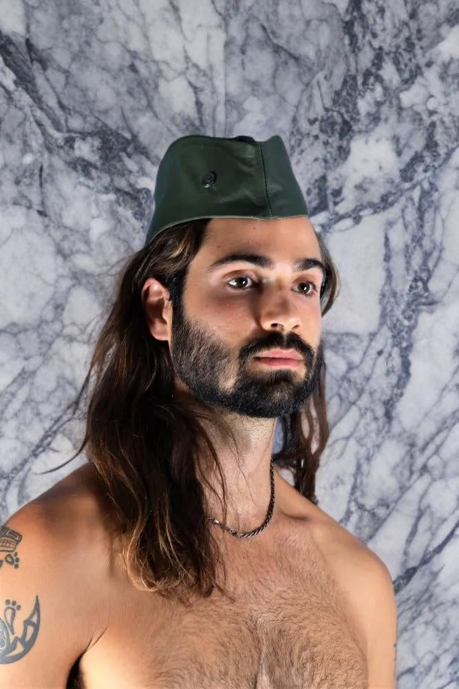 SMU Handmade Quality Leather Skin Garrison Cap Kepi in Olive 2