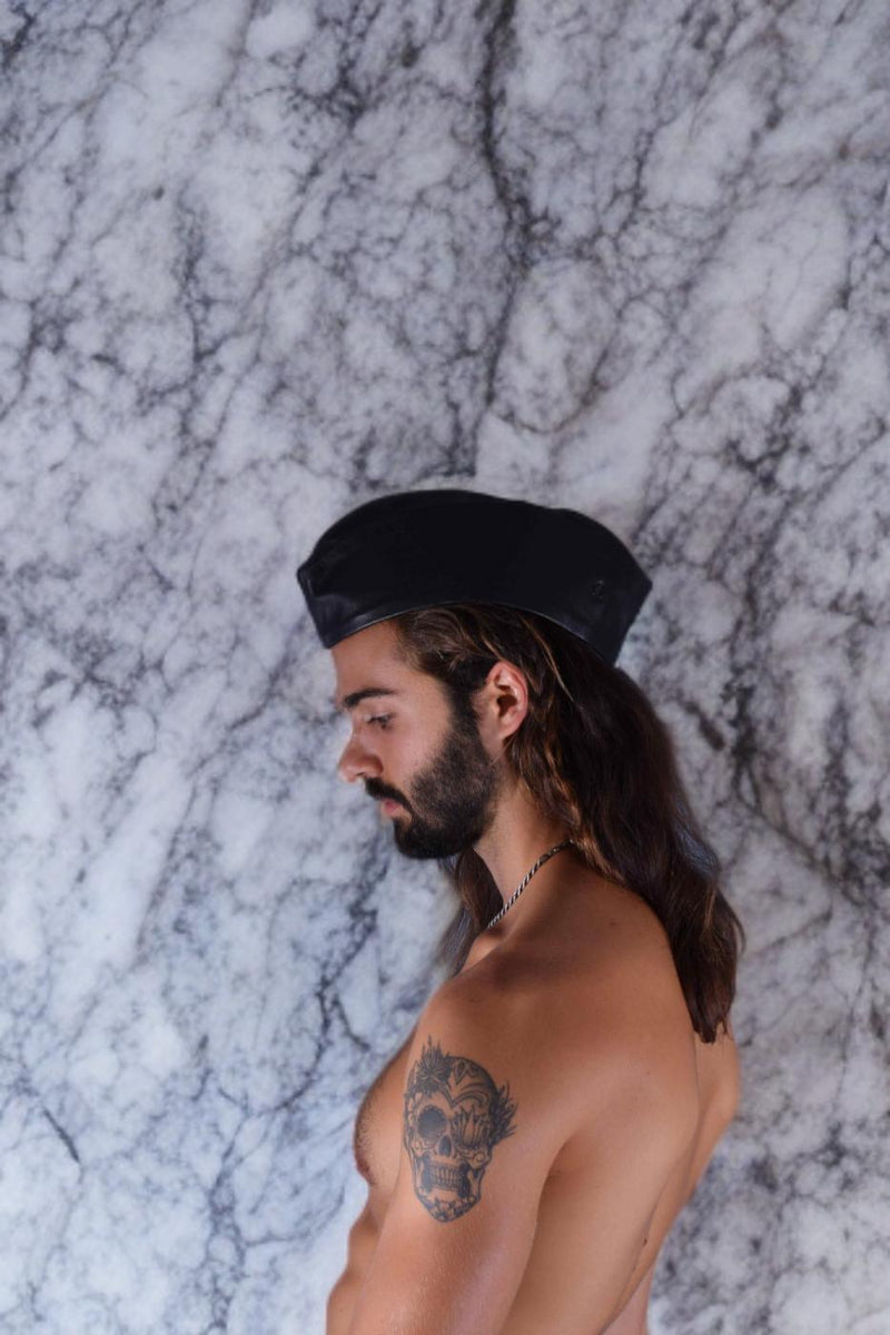 SMU Handmade Quality Leather Skin Garrison Cap Kepi in Black 2