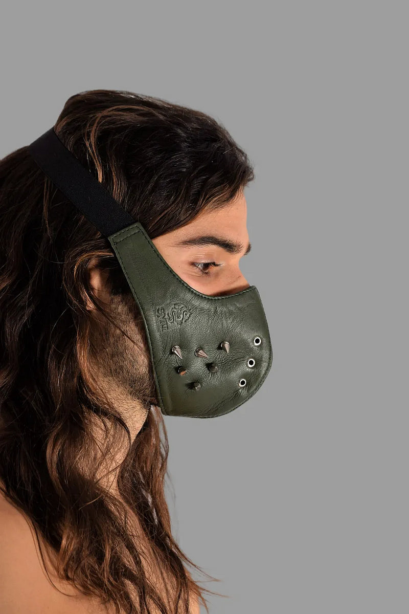 SMU Unisex Canadian Leather Studded Punk Mask in Army Green O/S 1051 3