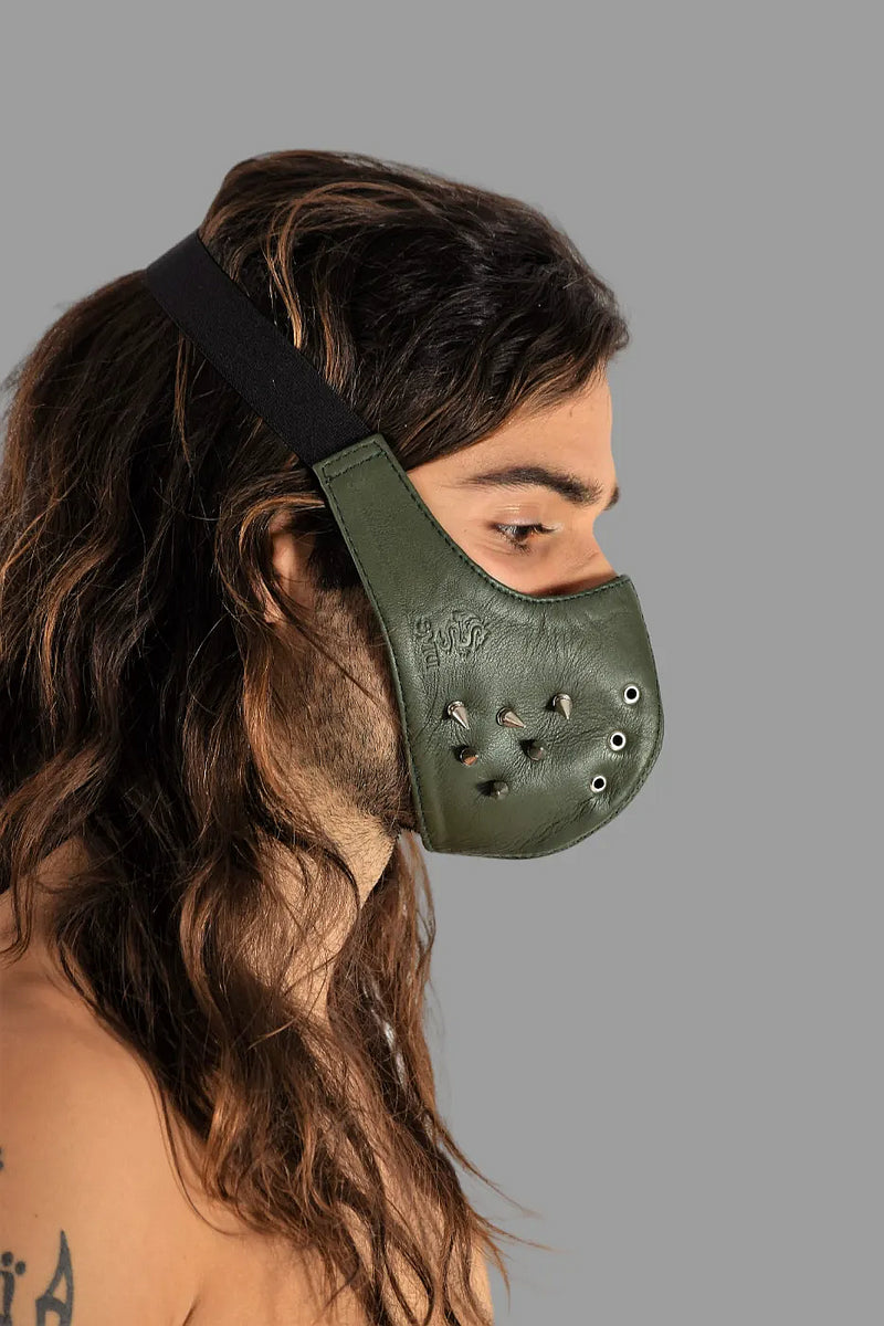 SMU Unisex Canadian Leather Studded Punk Mask in Army Green O/S 1051 3