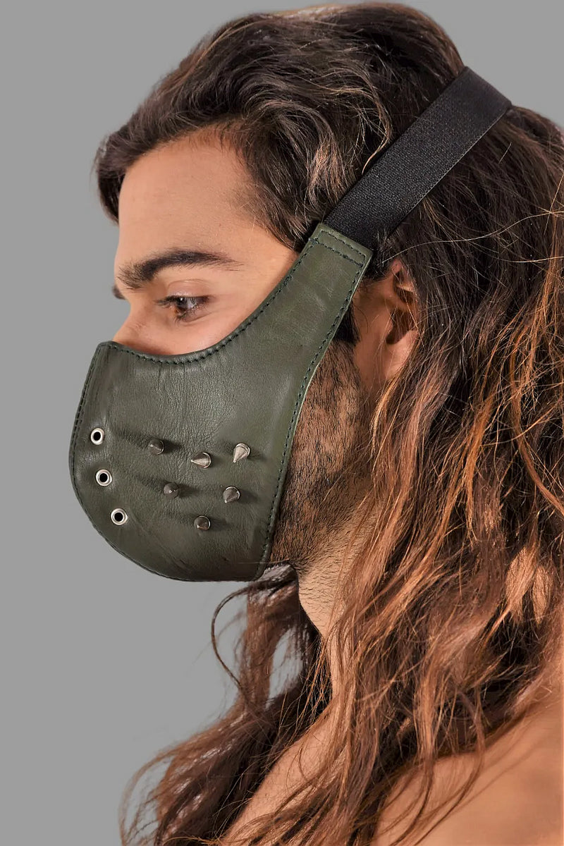 SMU Unisex Canadian Leather Studded Punk Mask in Army Green O/S 1051 3