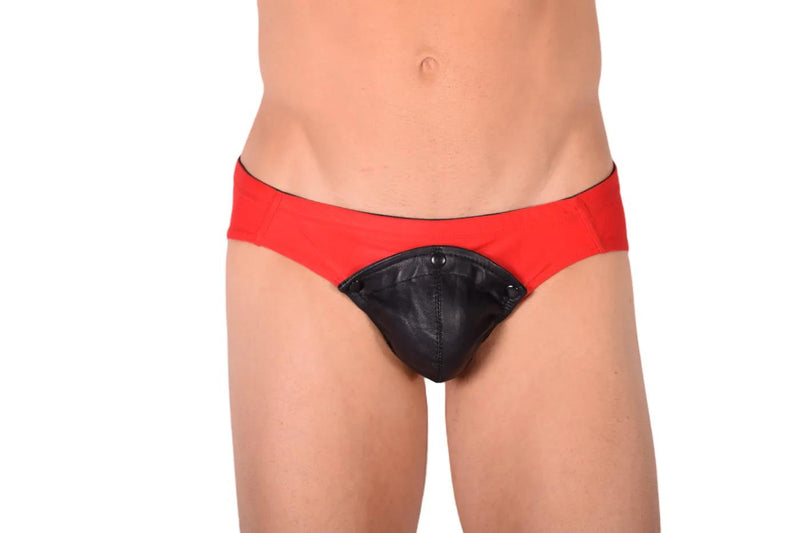 SMALL SMU Rave Peekaboo Removable Black Leather Pouch Brief Red H6