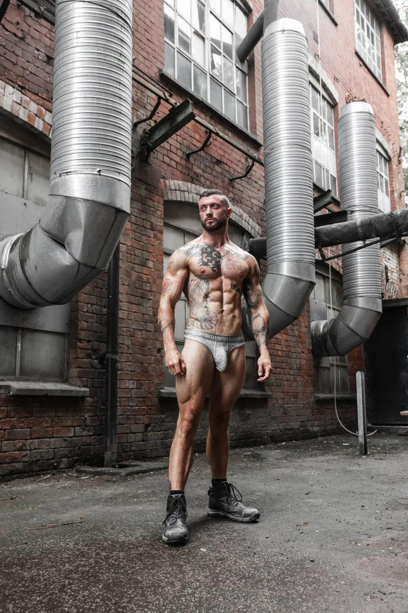 SUKREW Unlined Stretch Classic Thong With Large Contour Pouch in Checker Gray