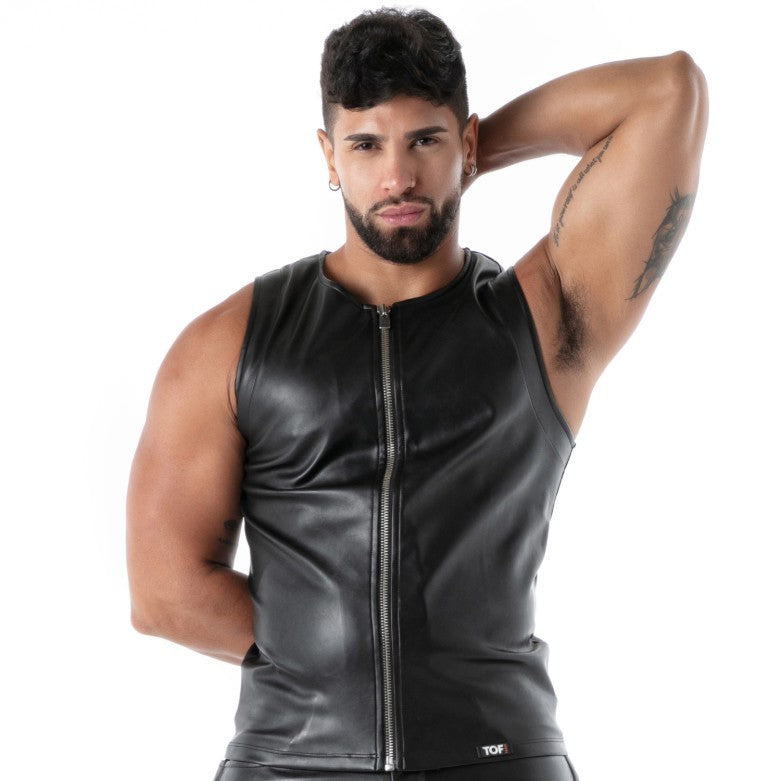TOF PARIS Kinky Zipped Tank Top Slim-Fit Vegan Leather Black 24