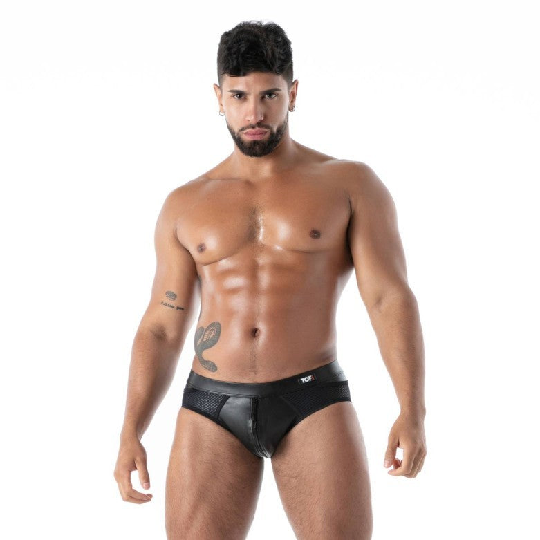 TOF PARIS Kinky Full-Zip Brief With Three Sliders and Mesh Side Pockets Black 32
