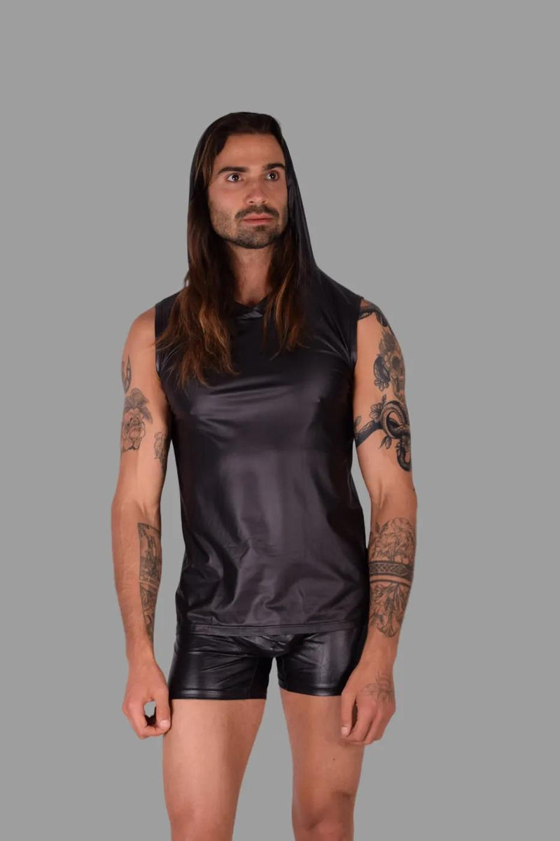 SMU Kit Leather-Look Devil's Sleeveless Hoodie Tank Top With Boxer K4450 MX12