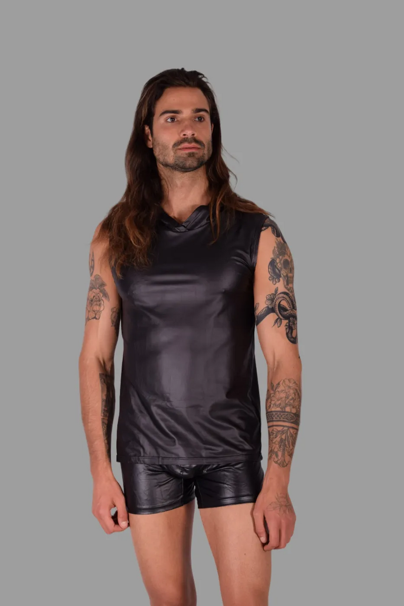SMU Kit Leather-Look Devil's Sleeveless Hoodie Tank Top With Boxer K4450 MX12