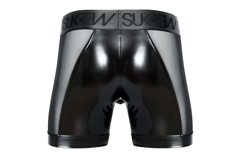 SUKREW Long Boxer Shorts Wet Look Sprint Mesh Sheer Side Panels Fetish Black 36