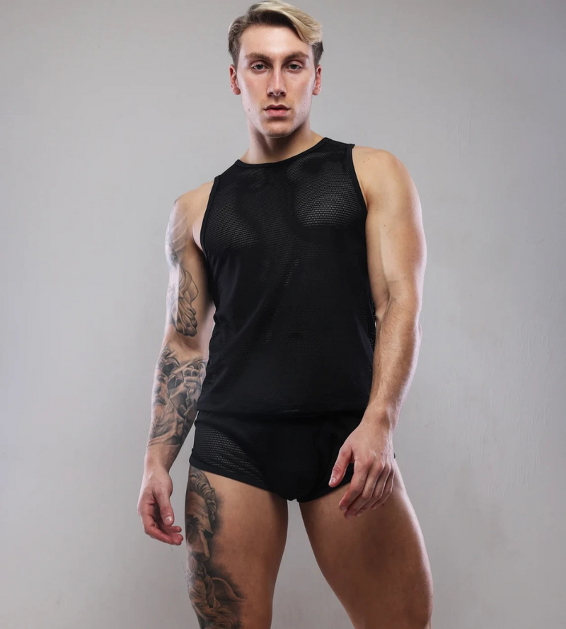 SUKREW Net Vest Sleeveless Tank Top Partially See-Through Nightlife Black 39