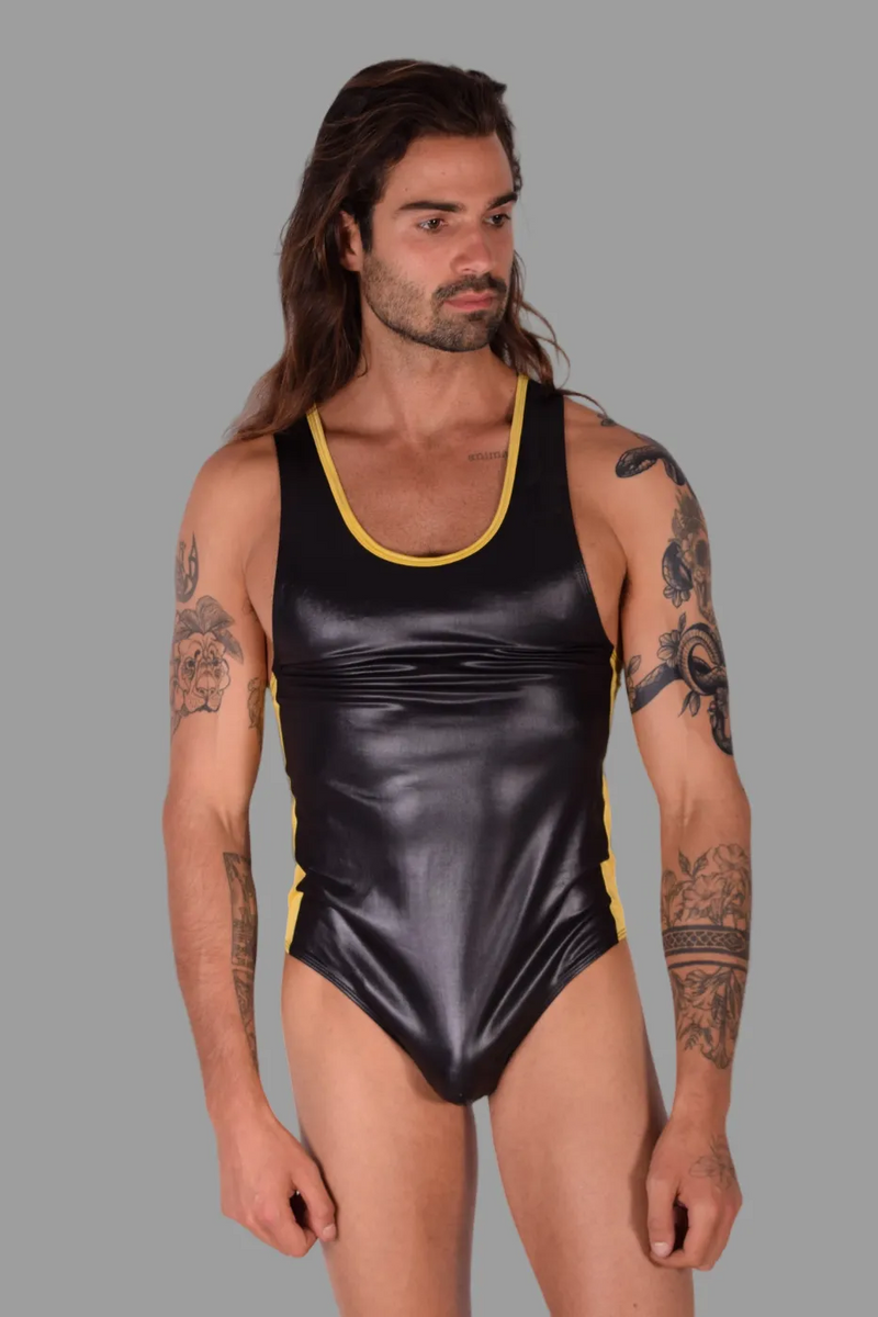 SMU Fashion WETLOOK Bodysuit Sensual Singlet Black Yellow 101 MX21