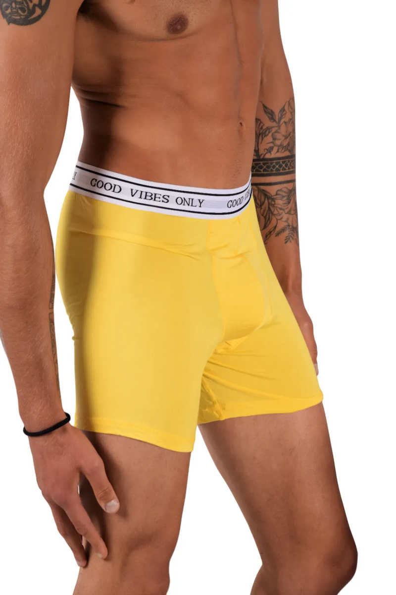 POP Sous-vêtements Boxer Long en Bambou Hypoallergénique " GOOD VIBES ONLY " Jaune 3