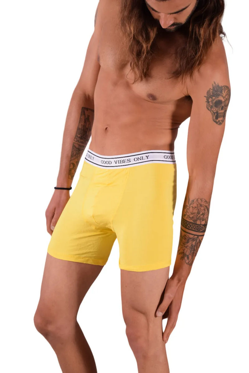POP Sous-vêtements Boxer Long en Bambou Hypoallergénique " GOOD VIBES ONLY " Jaune 3