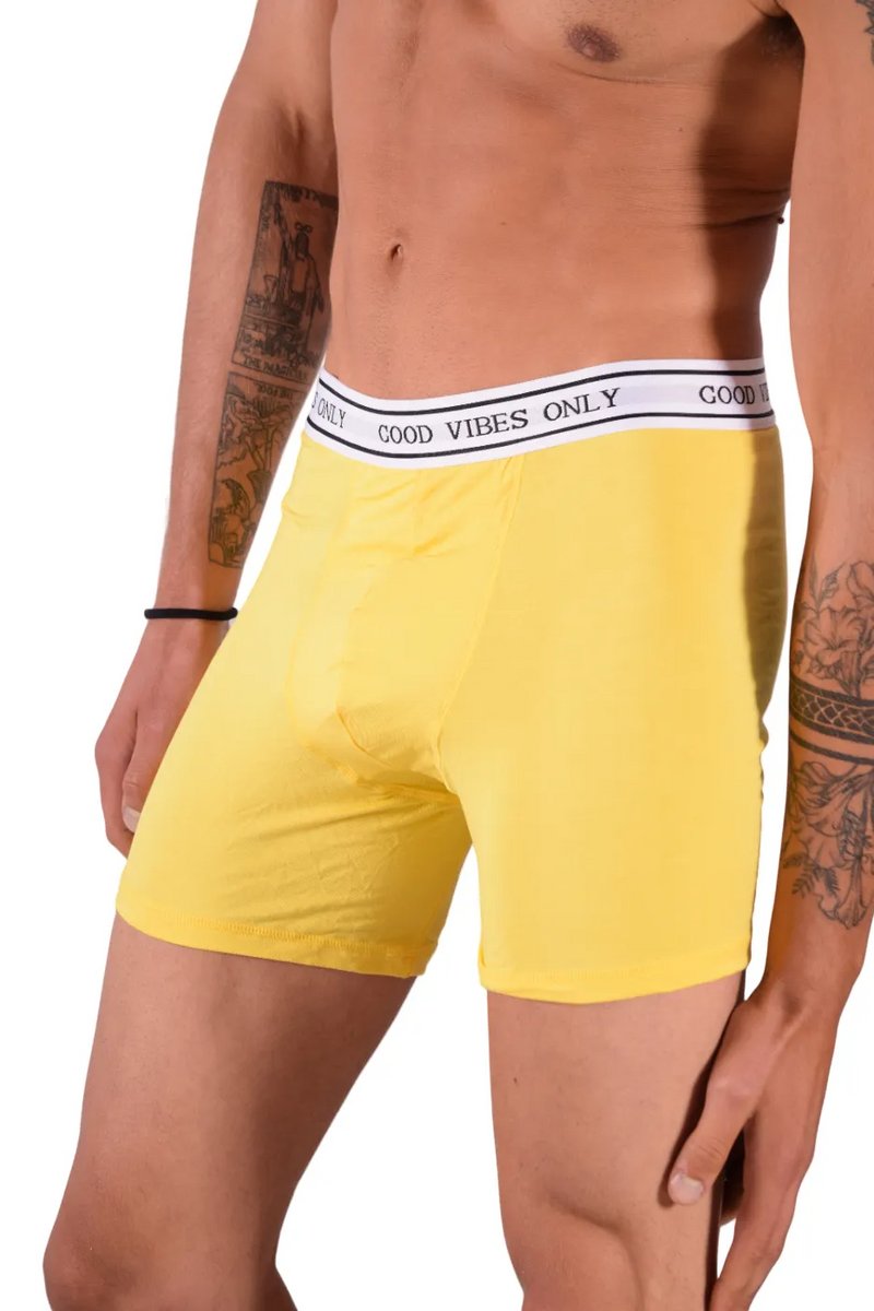 POP Sous-vêtements Boxer Long en Bambou Hypoallergénique " GOOD VIBES ONLY " Jaune 3