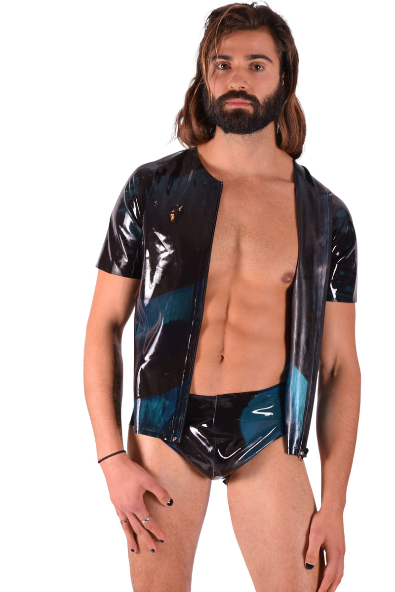 Grand jockstrap en latex polymorphe et combinaison en caoutchouc avec chemise zippée Paon 17
