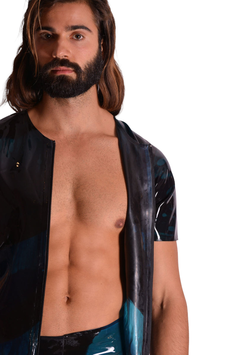 Grand jockstrap en latex polymorphe et combinaison en caoutchouc avec chemise zippée Paon 17