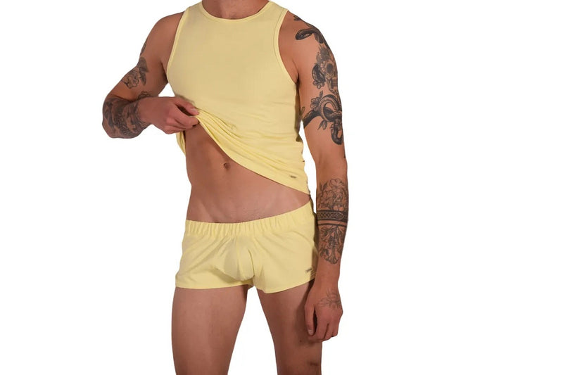 SUKREW Loose-Fit Runner Shorts With Contoured Pouch in Blonde Yellow 4