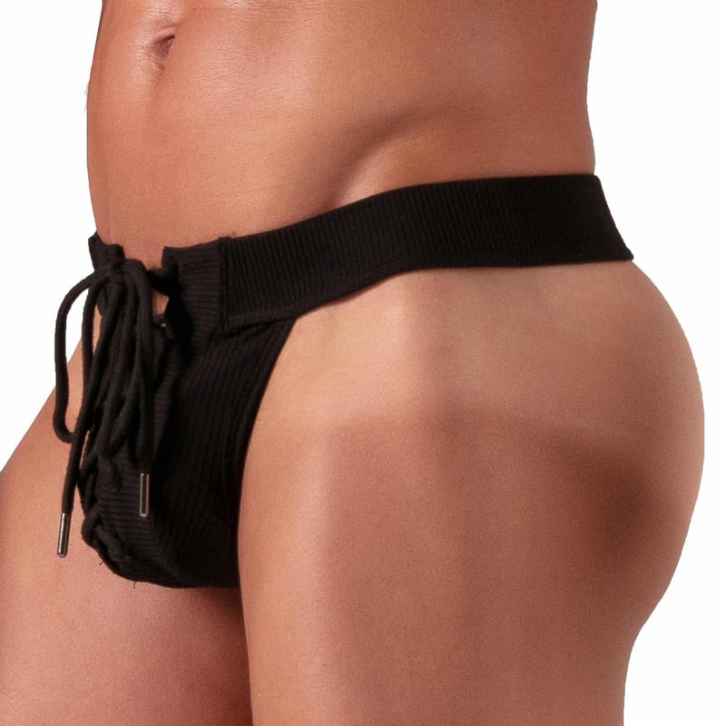 Absolu Male Adjustable Laced Thong Low - Rise Soft Ribbed Cotton Black 31