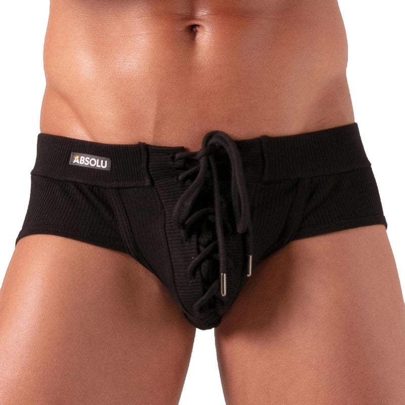 Absolu Male By TOF Laced Briefs Adjustable Soft Ribbed Cotton Black 32