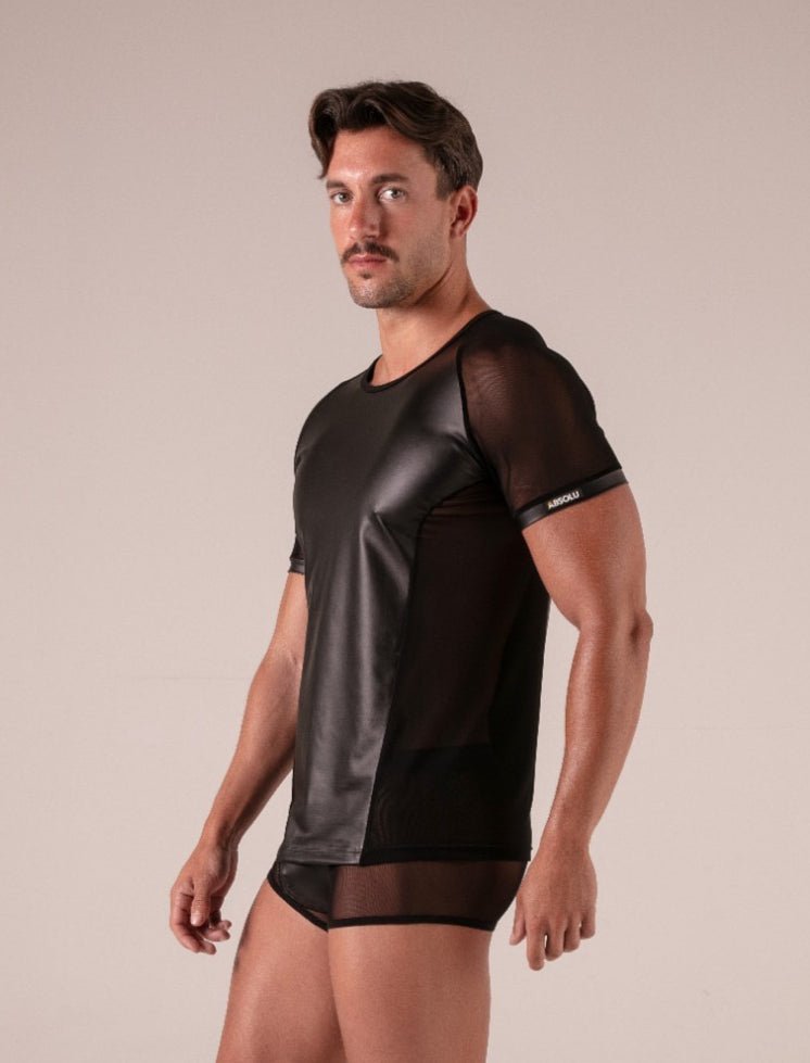Absolu Male By TOF PARIS Rebel Mesh T-Shirt Crew - Neck Leather Look 15