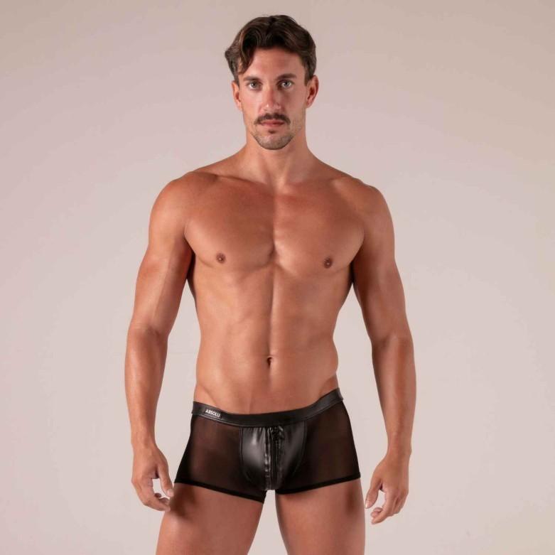 Absolu Male By TOF PARIS Rebel Zipped Boxer Trunks Secret Pocket Mesh Black 26