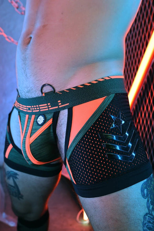 BREEDWELL Cockpit Backless Boxer Chock Jock - Chaps Trio Army Green/Orange 26 - SexyMenUnderwear.com