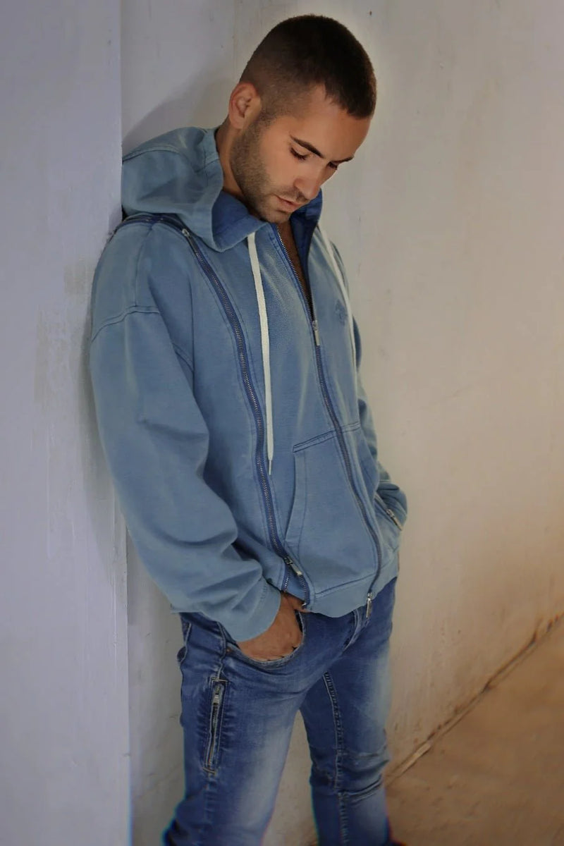 BREEDWELL Darkroom Hoodie Unique Zippers Heavy-Weight Knit Cotton Vest in Indigo