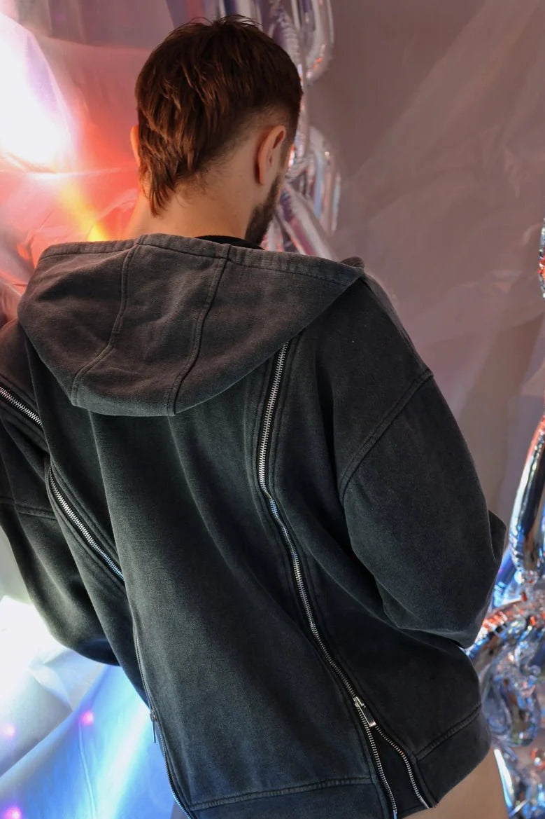 BREEDWELL Darkroom Hoodie Unique Zippers Heavy-Weight Knit Cotton Vest in Black