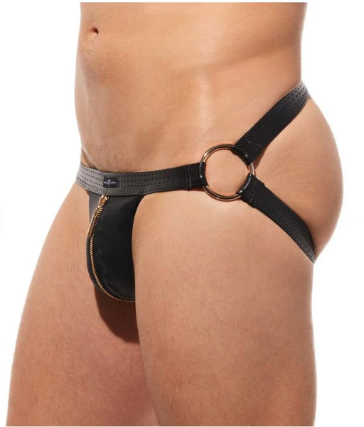 Gregg Homme Jock Solid Gold Rings & Front Zipper Black Jockstrap 190834 G69A1