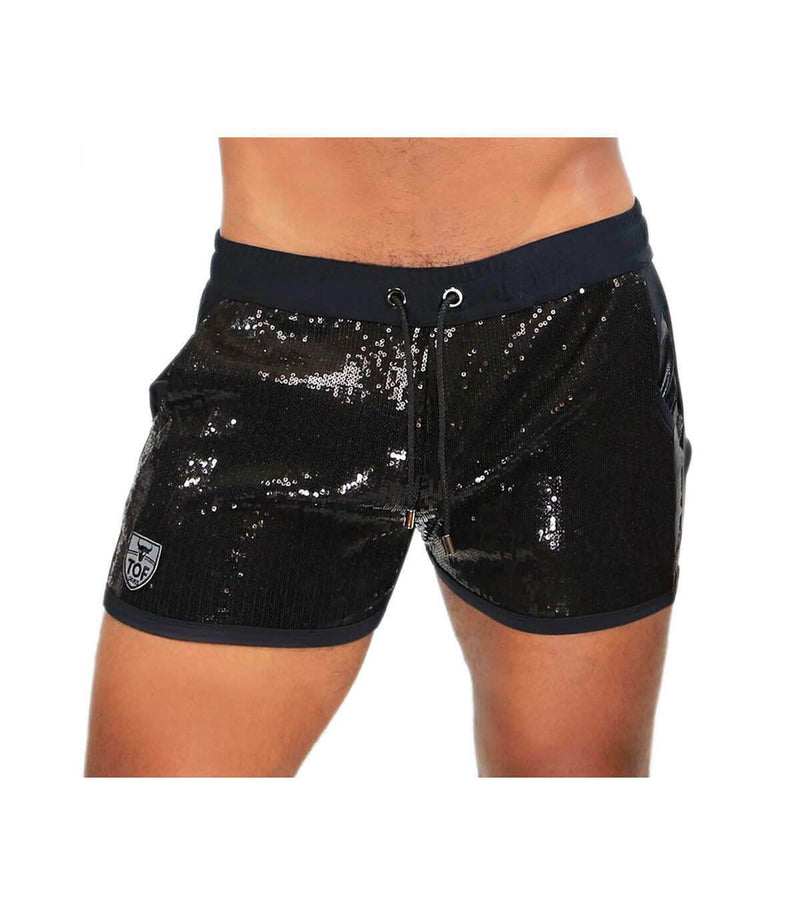 Men Fashion Shorts ''TOF PARIS BROADWAY'' Black Shiny Glitter Rear Pockets 172