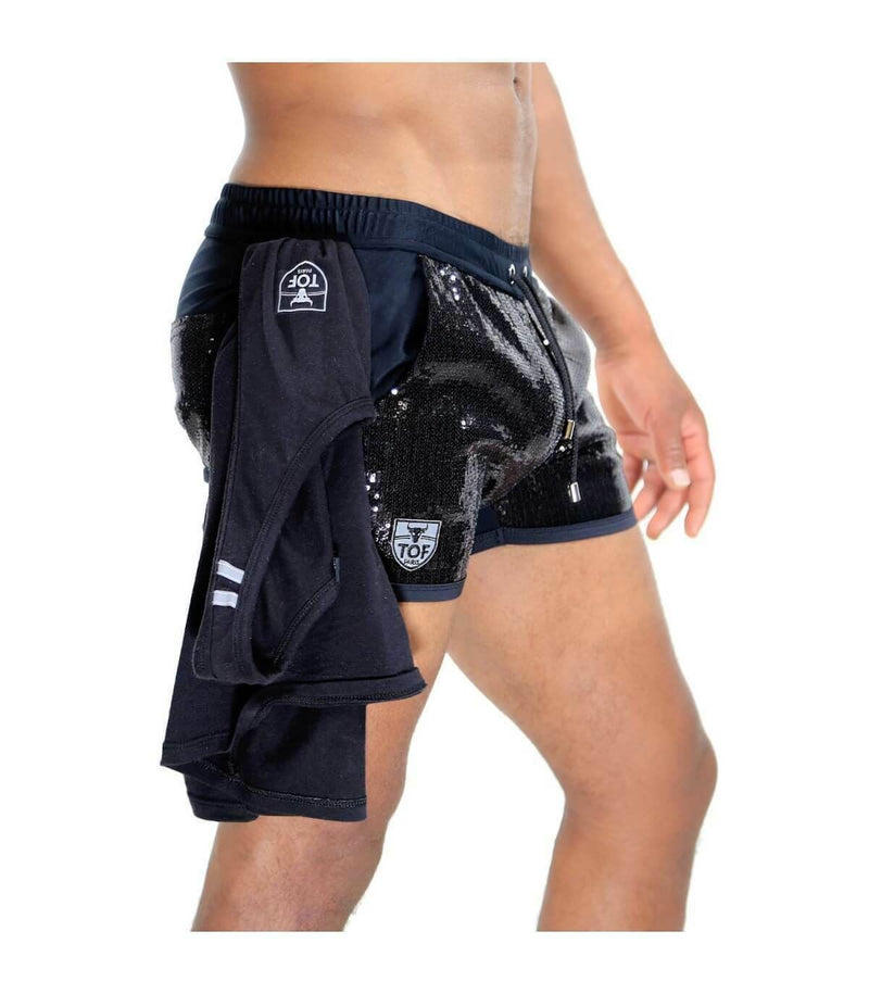 Men Fashion Shorts ''TOF PARIS BROADWAY'' Black Shiny Glitter Rear Pockets 176
