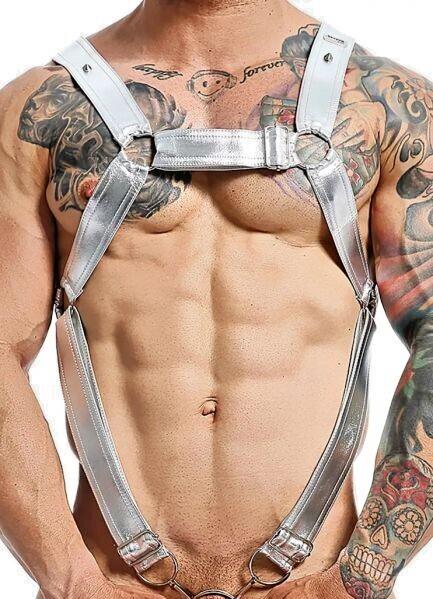 MOB DNGEON Cross C - Ring Harness Wide Adjustable Strap O/S Silver Mirror DMBL07 - SexyMenUnderwear.com