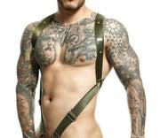 MOB DNGEON Crossback Elastic Harness O - Ring Army Green With C - Ring DMBL05 4 - SexyMenUnderwear.com