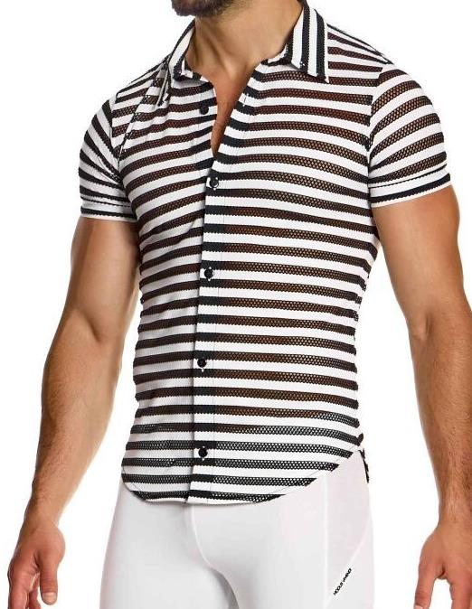 Modus Vivendi Chemise Striped Through Shirt Jacquard Fishnet Black & White 014421