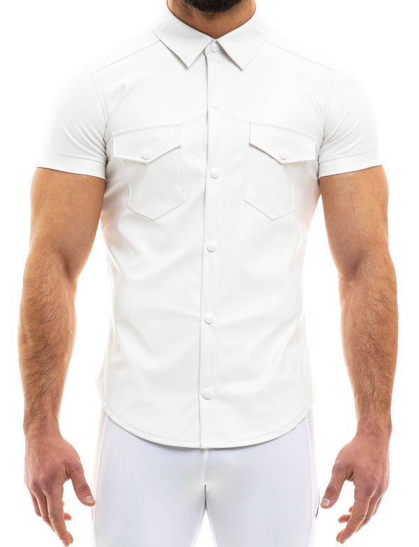 Modus Vivendi Chemise Vegan Leather Muscle Shirt Press Stud Buttons White 20541 B50B5