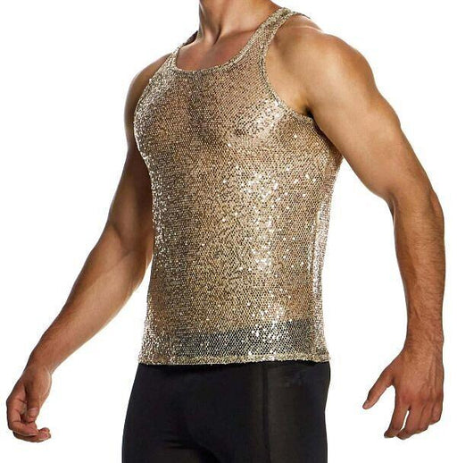 MODUS VIVENDI Harem Tank Top Slim Fit Sleeveless Sequins Gold 19431 B58 - SexyMenUnderwear.com