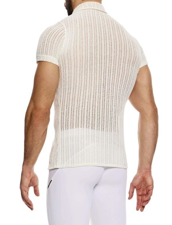 MODUS VIVENDI Muscle Fit Striped Crochet Shirt Knitted Chemise Natural 074413